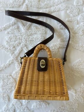 Street Level Rattan Crossbody in Natural Tan with Dark Brown Leather